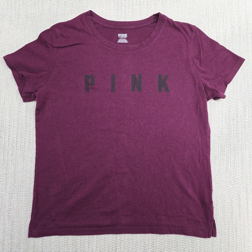 Victorias Secret PINK Shirt Womens Large Burgundy Red Spellout Short Sleeve